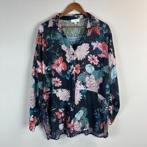 Umgee Top Womens 2XL Button Up Shirt Floral Paisley Lightweight Roll Tab Sleeve